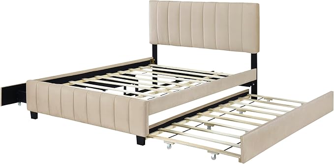 Queen Bed Frame with Trundle Bed,Velvet Upholstered Platform Bed Frame with Storage Drawers,Queen Size Trundle Bed with Headboard for Kids Teens Adults,Beige