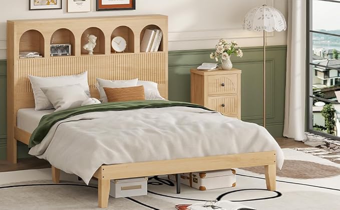 Queen Bed Frame, Storage Headboard with 5 Arched Storage Compartments, 12.4 Inch Farmhouse Wooden Queen Bed Frame, No Box Spring Needed, No Noise (Wood Color)