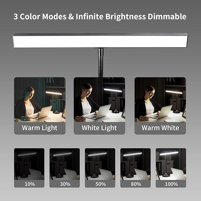 Piano Desk Lamp, 2-in-1 LED Piano Light for Upright Digital Grand Piano, 10W Flexible Gooseneck Table Lamp with 3 Color Modes×10 Brightness for Home Office Bedroom, Black (With Base and Clamp)