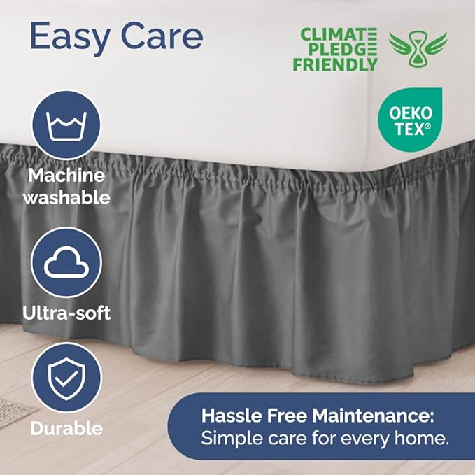 Wrap Around Dust Ruffle Bed Skirt - Dark Grey - for Full Size Beds w/ 14 Inch Drop - Easy Fit Elastic Strap - Adjustable Pleated Bedskirt with Brushed Fabric, Wrinkle Free Women, Men, Kids and Teens