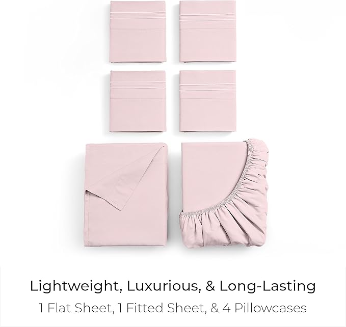 Mellanni King Sheet Set - 6-Piece Iconic Collection Bedding, (Including 4 Pillowcases), 21-Inch Extra Deep Pocket, Easy Care, Ultra Soft, Cooling Sheets, Brushed Microfiber - Blush Pink