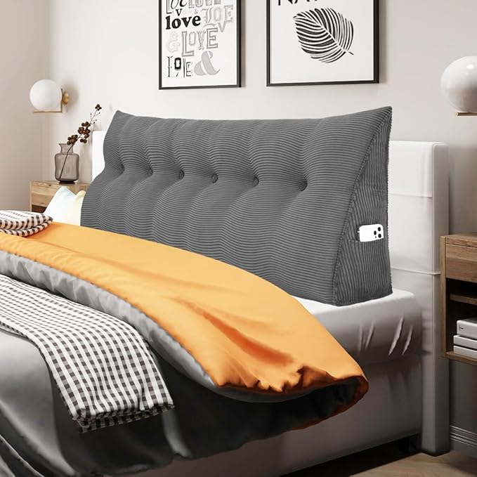 WOWMAX Triangular Headboard Pillow Bed Wedge Pillow for Headboard Large Bolster Pillow for Bed Wedge Pillow Headboard Daybed Pillows with Removable Cover, Corduroy(100% Cotton), Grey, California King