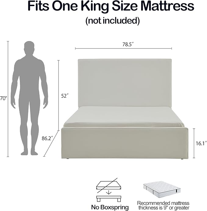 King Size Upholstered Bed Frame, 52" High Headboard Wingback Bedframe, Lucas Tall Headboard Floor Platform Beds, No Box Spring Needed No Noise/Minimalist/Coconut Micro Suede, White