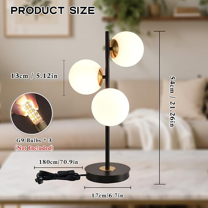 3-Light Black and Gold Table Lamp, Milk White Glass Globe Table Lamp for Nightstand, Mid Century Modern Bedside Lamps for Bedroom Living Room Office, G9 Base (Bulbs Not Included)