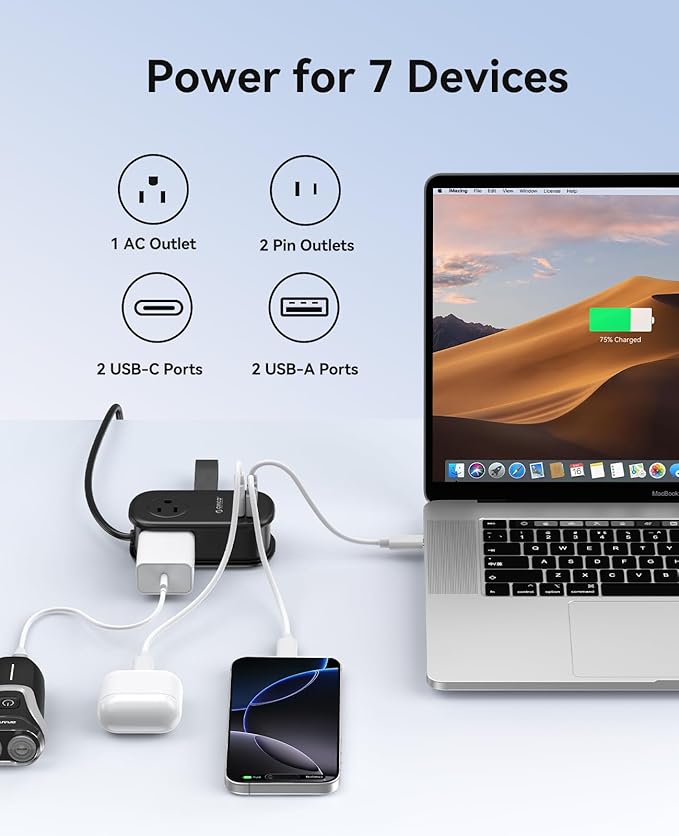 ORICO 65W GaN Travel Power Strip with 7-in-1 Charging Ports (3 AC Outlets/2 USB-A/2 USB-C), Flat Plug and 4FT Extension Cord, Fast Charger for MacBook Pro/Air, iPad Pro, iPhone 17/16/15 -AP3
