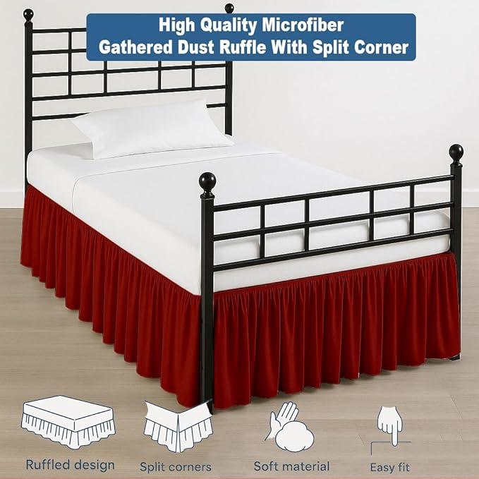 Ruffled Bed Skirt Split Corners with Platform, Tailored Fit Hotel Quality Wrinkle Free Ultra-Soft Microfiber Dust Ruffle, Upto 12 Inch Drop, Twin, Burgundy