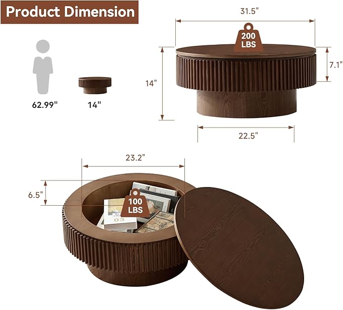LKTART Round Coffee Table for Living Room, Accent Fluted Drum Coffee Table with Storage, Modern Solid Wood Veneered Circle Center Tea Table for Small Space Apartment (31.5''D×14''H-Walnut)