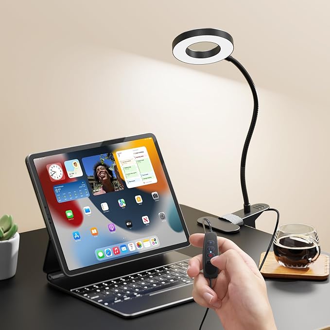 GARMESE LED Desk Lamp Clip on Light with 3 Color Modes 10 Brightness Ring/Clamp Light 360° Adjustable Neck Dimmable Eye Protection Desk Lamps for Home Office