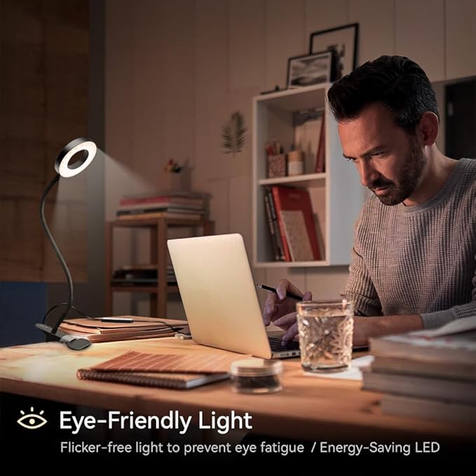 GARMESE LED Desk Lamp Clip on Light with 3 Color Modes 10 Brightness Ring/Clamp Light 360° Adjustable Neck Dimmable Eye Protection Desk Lamps for Home Office