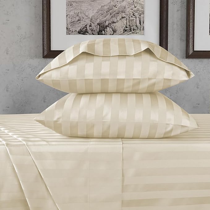 URBANHUT 800 Thread Count 100% Cotton Damask King Size Sheets, 4 Piece Striped King Size Bedsheets, Luxury Hotel Sheets Sateen Weave - Better Than Egyptian, 16" Elasticized Deep Pocket- Ivory