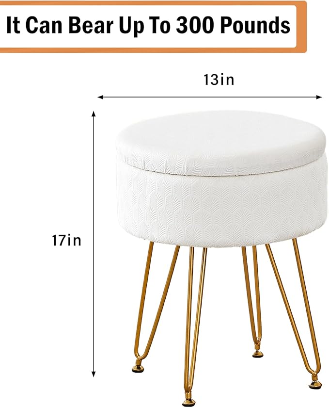 Cpintltr Velvet Storage Ottoman Round Footrest Stool Multifunctional Upholstered Ottoman Modern Accent Vanity Stools Tray Top Coffee Table Suitable for Living Room Bedroom Entryway Cream