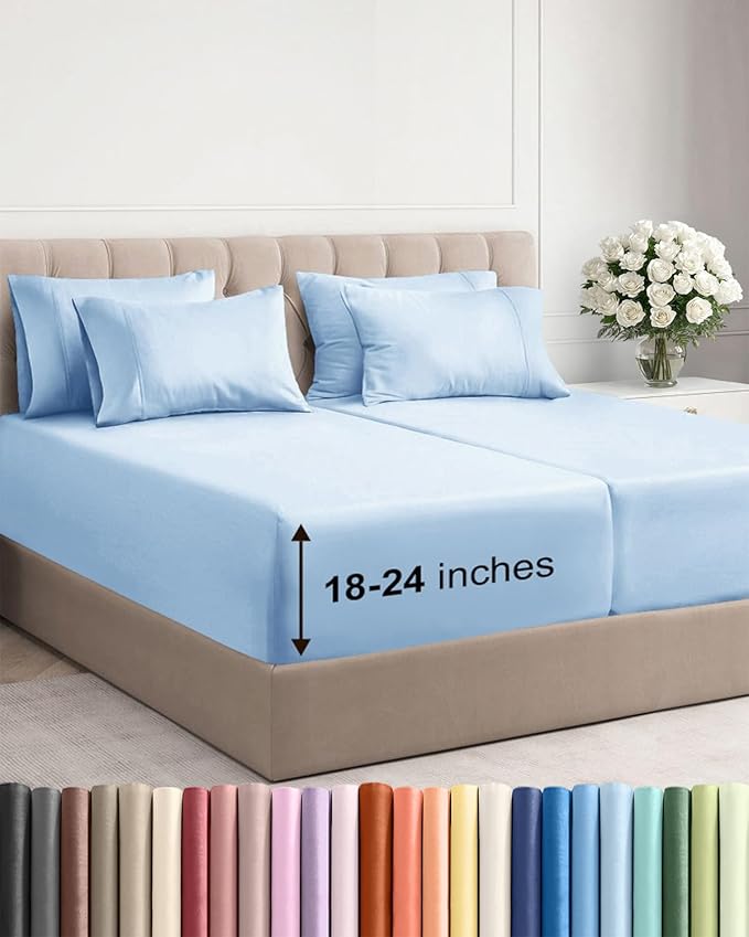 Extra Deep Split King Sheet Set - 7 Piece Breathable & Cooling Sheets - Hotel Luxury Bed Sheets Set - Easy Fit - Soft, Wrinkle Free & Comfy Sheets Set - Light Blue Sheet Set with Extra Deep Pockets