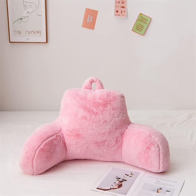Holawakaka Large Faux Fur Bed Rest Pillow with Arms,Rabbit Fur Reading Pillows Perfect for Adults Men Women, Arm, Back, Pregnancy Lumbar & Head Neck Coccyx Lower Back Support Cushion (Pink)