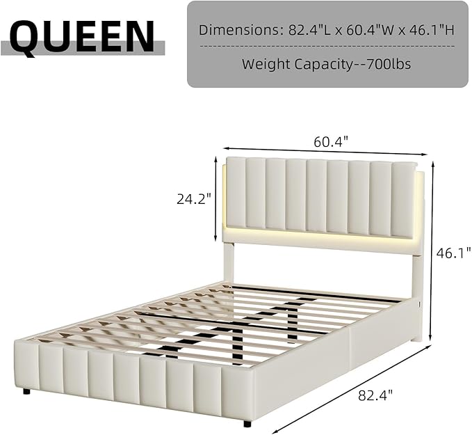 Queen Bed Frame with Headboard and LED Lights, Modern Upholstered Faux Leather Platform Bed with Wooden Slats Support, No Box Spring Needed, Easy Assembly, Cream
