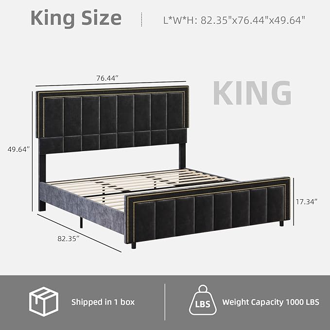 BarnFurin King Size Size Bed Frame with 50" Tall Headboard and Footboard, Chenille Upholstered Platform Bed, Vertical Channel Tufting with Nailhead Trim, No Box Spring Needed, Easy Assembly, Black