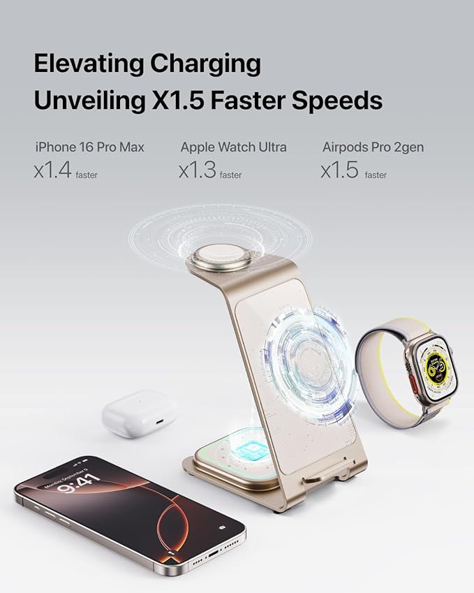 Intoval Aluminum 3 in 1 Wireless Charging Station for iPhone 17 16 15 14 13 12 11 Pro Max XR, Wireless Charger for Apple Watch 11 10 9 8 7 Ultra SE 3 2, Phone Charger for AirPods 4 Pro 2 3 (Desert)