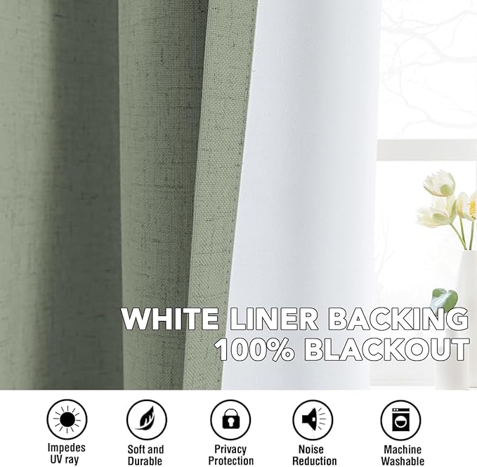 H.VERSAILTEX Linen Curtains 100% Blackout Curtains for Bedroom 84 inch Long Full Light Blocking Nature Linen Blended Window Curtains for Living Room Nickel Grommet (2 Panels, Heathered Dried Sage)