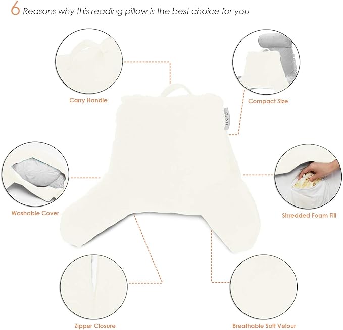 Nestl Reading Pillow for Kids & Teens with Shredded Memory Foam, Backrest Pillows for Reading, Watching, and Gaming, Use on The Couch, Bed, or Floor, Adjustable Support with Washable Cover Off White