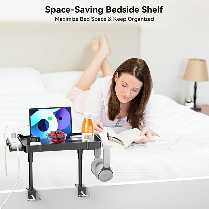 Bedside Shelf Bunk Bed Shelf Bedside Organizer Adjustable Height Top Bunk Bed Accessories Nightstand Tray with Cup Holder Clip On Bedside Table Tray Headboard Shelf Organizer College Dorm Room Black