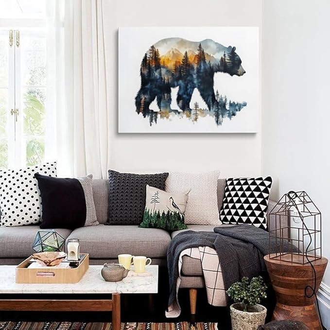Forest Landscape Inside Bear Canvas Wall Art Framed Painting Watercolor Wildlife Wall Decor Artwork Print Poster Nature Mountain Silhouette Sunset for Living Room Home Office Cabin Decor 16x24 Inches