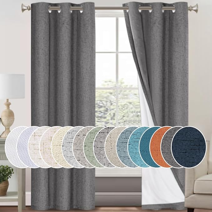 PrinceDeco 100% Blackout Curtains for Bedroom Linen Blackout Curtains 84 Inches Long Full Light Blocking Thermal Insulated with White Liner Energy Saving Warm Drapes for Winter, Grey,W 42 X L 84 Inch