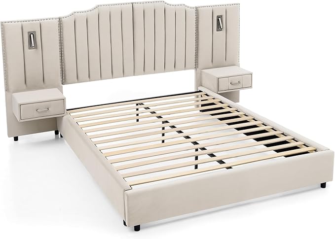 Luxury Queen Bed Frame with Headboard and Storage, Velvet Fabric Upholstered Platform Bed Frame Queen Size with LED Lights, Solid Frame & Bedside Table, No Box Spring Needed, Beige