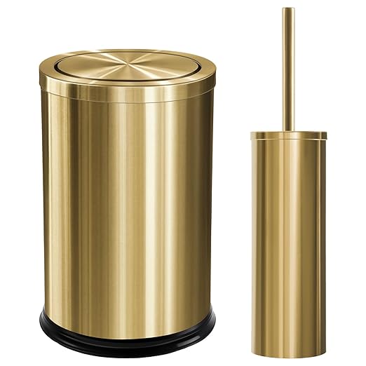 Maxdot 2 Pcs Gold Bathroom Trash Can with Flipping Lid 2.4 Gallon/9.1 L and Toilet Brush Set, Small Stainless Steel Garbage Trash Can Toilet Cleaner Brush Wastebasket Bin for Bathroom Bedroom Office