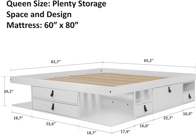 memomad Bali Set: Storage Platform Bed with Drawers + Bookcase Headboard (Queen Size, White Wood)