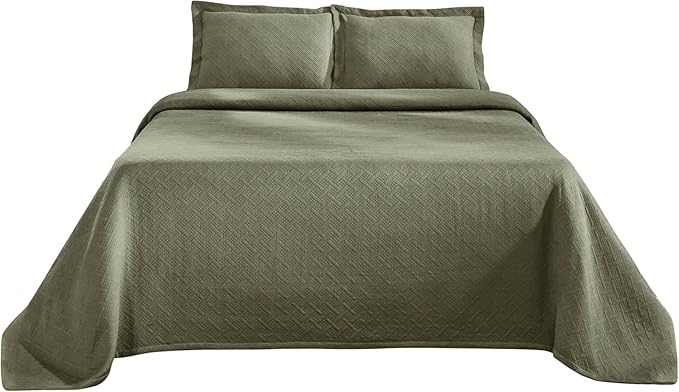 Superior 100% Cotton Basket Weave Bedspread with Shams, All-Season Premium Cotton Matelasse Jacquard Bedding, Quilted-Look Geometric Basket, Full, Sage