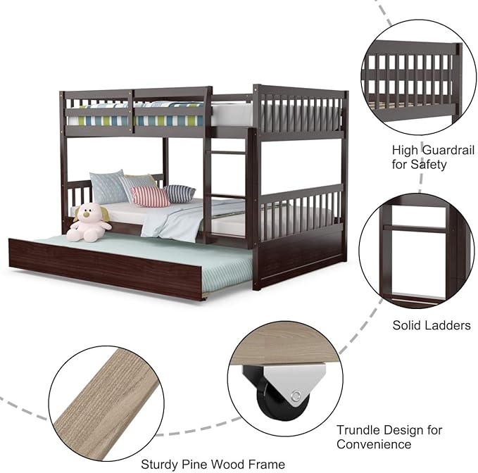KOMFOTT Wood Full Over Full Bunk Bed with Trundle, Full Bed Frame with Ladder, Solid Wood Frame & Safety Guardrails, Space-Saving Bunk Bed for Teens & Adults, No Box Spring Needed