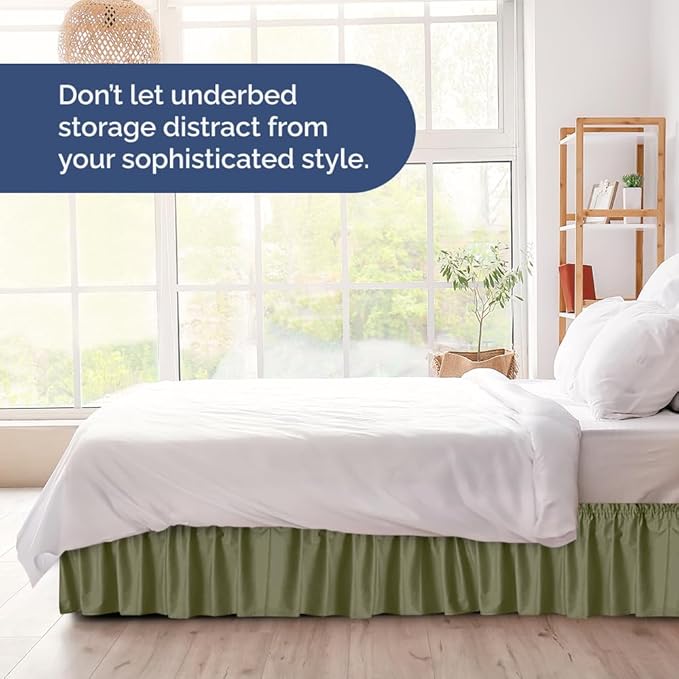 Wrap Around Dust Ruffle Bed Skirt - Sage Green - for King Size Beds with 15 Inch Drop - Elastic Strap - Adjustable Pleated Bedskirt with Brushed Fabric and Wrinkle Free - for Women, Men, Kids & Teens