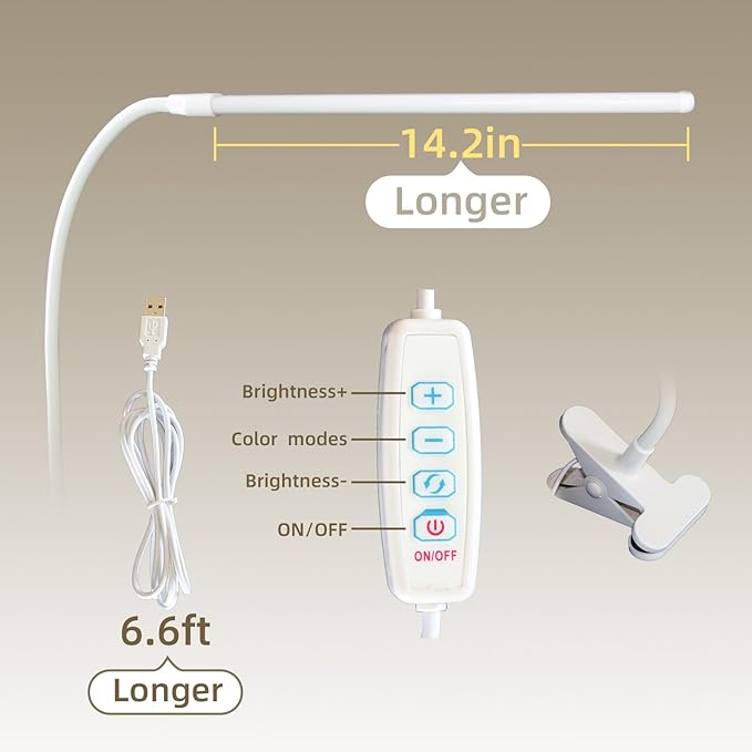 Desk Lamp with Clamp, Long Flexible Arm Clip on Lamp for Kids Reading in Bed, Easel, Make Up, Sewing Craft, Nail Tech Lamp, 3 Color Modes & 10 Brightness Levels