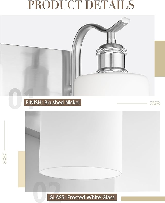 Milk Glass Bathroom Light, 2-Light Vanity Light Fixture, Brushed Nickel Wall Sconce, VL01BNW-2