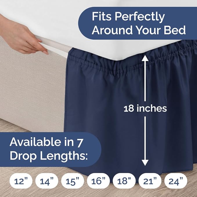 Wrap Around Dust Ruffle Bed Skirt - Navy Blue - for Queen Size Beds with 18 Inch Drop - Elastic Strap - Adjustable Pleated Bedskirt with Brushed Fabric and Wrinkle Free - for Women, Men, Kids & Teens