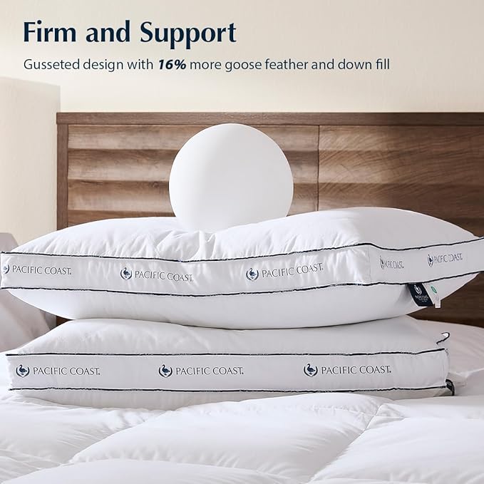 Pacific Coast Gusseted Pillows Queen Size Set of 2, Goose Feather and Down Firm Pillows, Luxury Hotel Collection Bed Pillows for Sleeping, Supportive Gusseted Dsign for Side and Back Sleepers