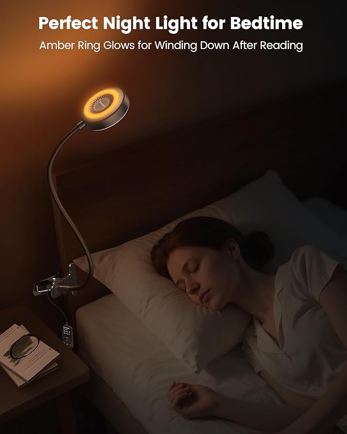 Glocusent 72 LED Clip on Lamp with Remote, Reading Light with Amber Ring, 3 Colors & 5 Dimmable Bed Lamp, 30/60-Min Auto Off Timer, Clamp Light for Headboard/Dorm/Bunk (Black)