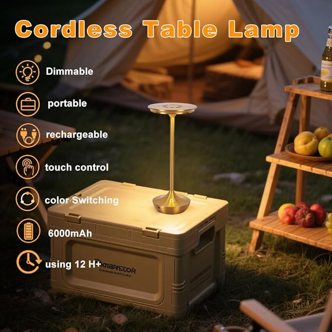 EJQ Rechargeable Cordless Table Lamp, 6000mAh Battery Operated LED Table Lights Outdoor Portable Touch Dimmable Table Lamp for Bedroom Patio Cofee Restaurant Dining Home Set of 2-Gold
