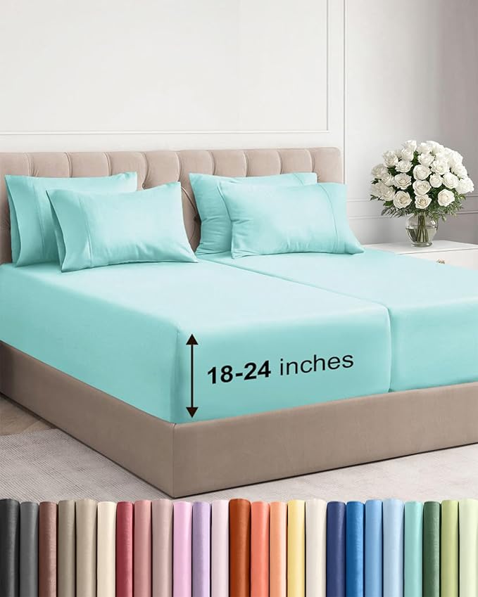 Extra Deep Split King Sheet Set - 7 Piece Breathable and Cooling Sheets - Hotel Luxury Bed Sheets Set - Easy Fit - Soft, Wrinkle Free and Comfy Sheets Set - Spa Blue Sheet Set with Extra Deep Pockets