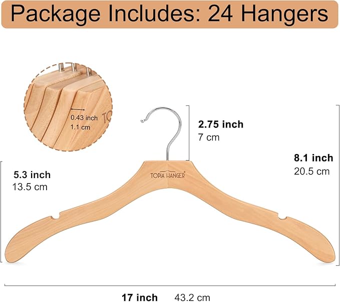 TOPIA HANGER Wooden Coat Hangers 24 Pack, Premium Wood Top Suit Hangers with No Shoulder Bump, 360° Swivel Hook and Cut Notches Clothes Hangers for Sweater, Coat, Shirts, Jackets, Dress, Natural CT85N