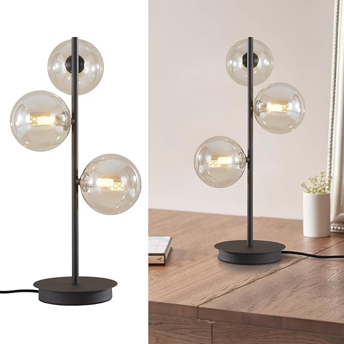 Modern Globe Table Lamp, Mid Century 3 Lights Black Bedside Lamp, Brown Glass Globe Reading Lamp for Bedroom Living Room Study Room