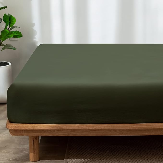 MooMee Fitted Bottom Sheet Only 100% Washed Cotton Linen Like Textured Breathable Durable Soft Comfy Deep Pocket Fits Mattress up to 17" (Olive Green, King)