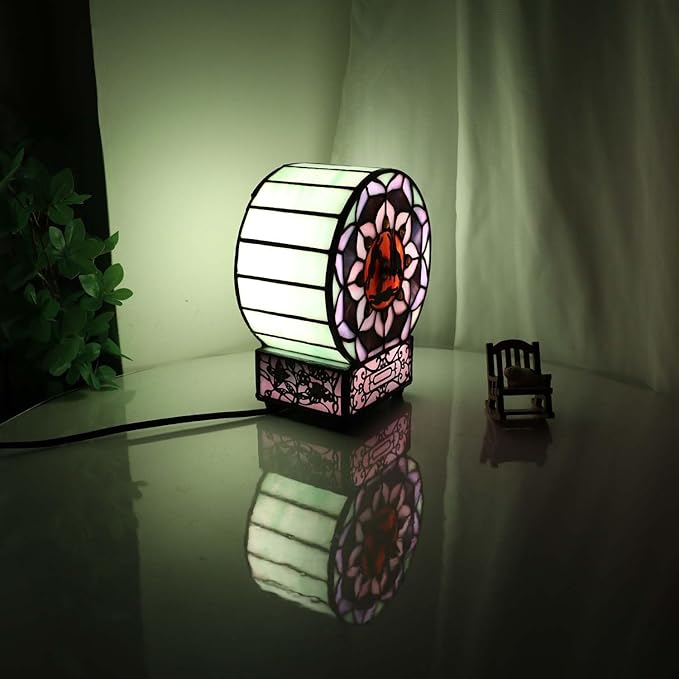Bieye L12017 Tiffany Style Stained Glass Desk Clock Table Lamp with Lotus Flower Design (Three Hares)