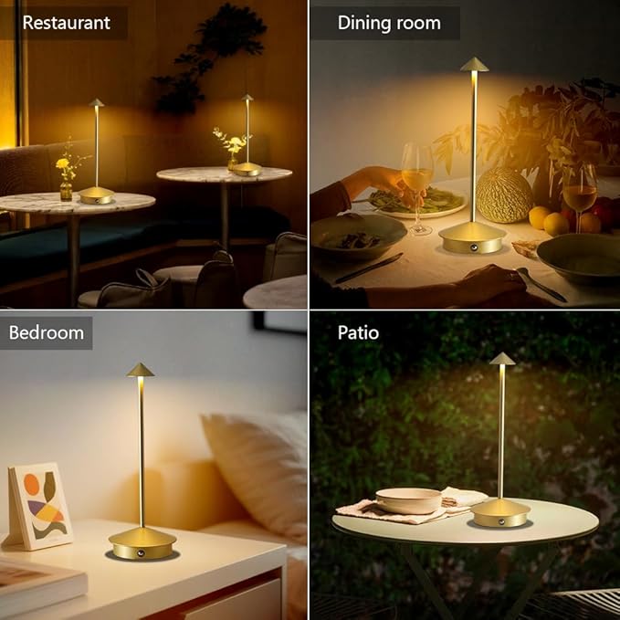 Cordless Table Lamp Set of 2, 5000mAh Rechargeable Battery Powered LED Desk Lamp, Portable Touch Dimming Outdoor Table Lamps, 3 Color Light for Restaurant, Patio, Bedroom, Night Lamp (Gold)