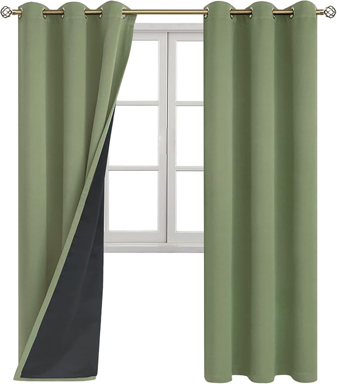 BGment Thermal Insulated 100% Blackout Curtains for Bedroom with Black Liner, Double Layer Full Room Darkening Noise Reducing Grommet Curtain (42 x 84 Inch, Grass Green, 2 Panels)