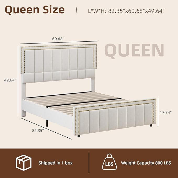 BarnFurin Queen Bed Frame with 50" Tall Headboard and Footboard, Chenille Upholstered Platform Bed, Vertical Channel Tufting with Nailhead Trim, No Box Spring Needed, Easy Assembly, Beige