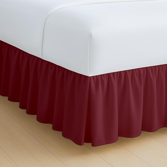 Rajlinen Ruffled Bed Skirt Queen, 16 Inch Drop Dust Ruffle with Split Corners, 100% Microfiber Bedskirt with Platform, Three-Sided Coverage Ruffled Gathering Design, Burgundy