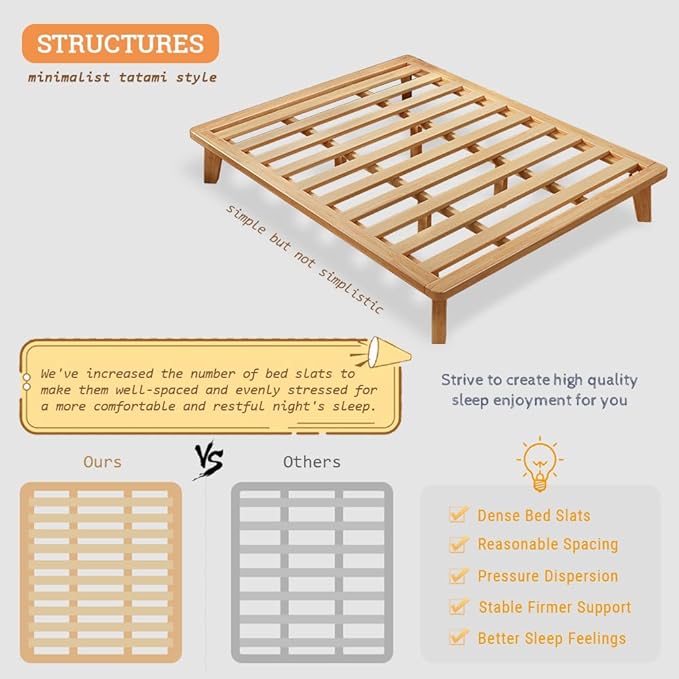 Queen Platform Bed Base - 14 Inch Solid Wood Mattress Foundation with Support Slats and Legs, Queen-Size Rubberwood Simple Bed Frame