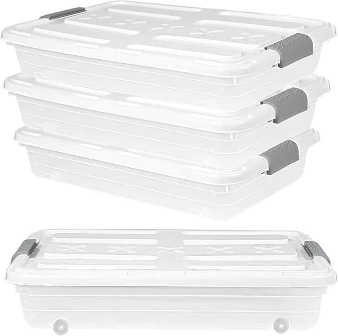 4 PCS*37 Qt Wheeled Latching Under Bed Storage, Stackable Bin with Latch Lid, Plastic Container to Organize Shoes Underbed, Clear with White Lid(White)