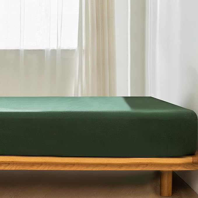 MooMee Fitted Bottom Sheet Only 100% Washed Cotton Linen Like Textured Breathable Durable Soft Comfy Deep Pocket Fits Mattress up to 17" (Forest Green, Queen)