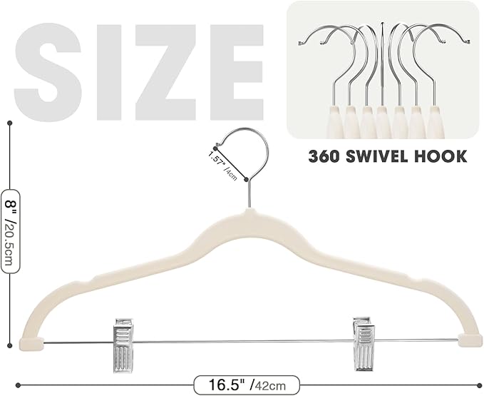 36-Pack Beige Velvet Hangers with Clips Adjustable,Adult Hangers,Heavy-Duty,Felt,Non-Slip,Space Saving,Slim Outfit Hanger for Pants, Skirts, Suits,Coats, Dresses ect.